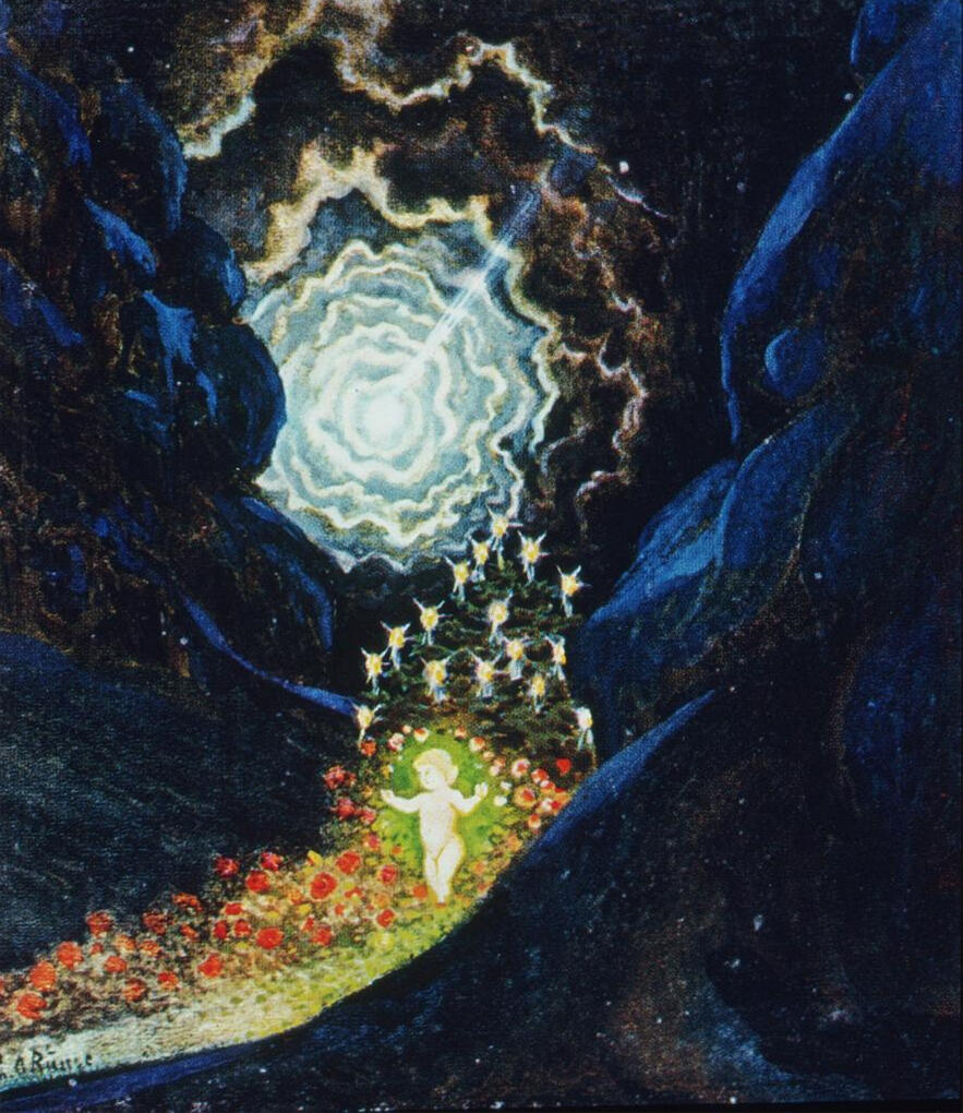 Glowing infant surrounded by fairies